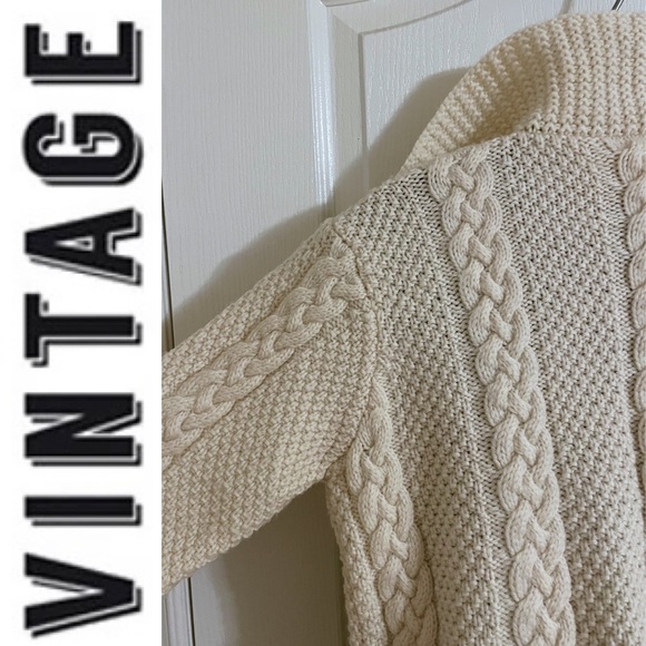 Hand knit Fishermen cable knit cream button-down cardigan chunky sweater - Picture 14 of 16
